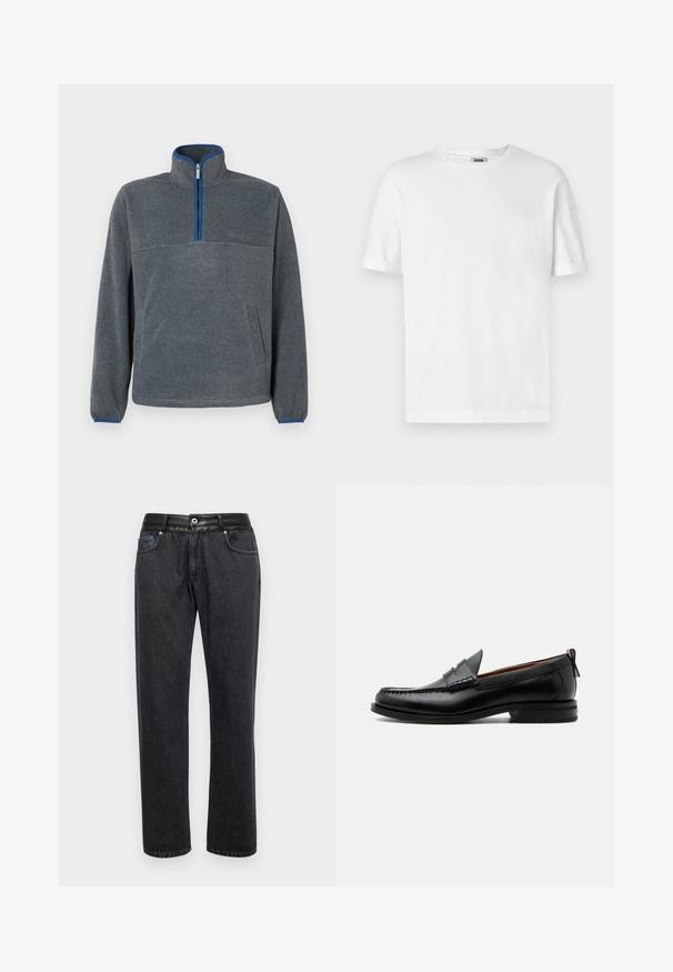 Pull-over en polaire gris avec un col zippé à moitié, détails bleus au niveau du zip et des poignets, ainsi qu'une poche avant. Texture douce, coupe décontractée.; T-shirt en coton blanc avec un col rond, des manches courtes et des revers roulés ; design sobre, texture douce et coupe droite.; Jeans en denim noir avec une coupe droite, dotés d'une ceinture en cuir lisse, de poches avant et de détails de couture subtils.; Mocassin homme en cuir noir avec couture moc toe, bride penny, col texturé et petit talon empilé sur fond blanc.