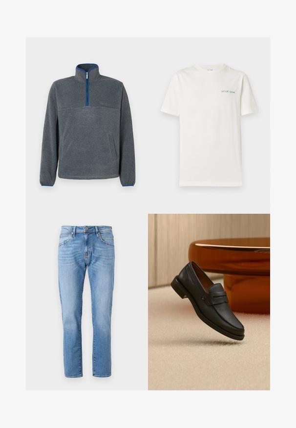 Pull-over en polaire gris avec un col zippé à moitié, détails bleus au niveau du zip et des poignets, ainsi qu'une poche avant. Texture douce, coupe décontractée.; T-shirt blanc uni à manches courtes avec petit logo texte bleu « SAMSØE SAMSØE » sur le côté gauche de la poitrine.; Jeans en denim bleu clair avec une coupe droite, design classique à cinq poches, décoloration subtile et fermeture à bouton contrastante au niveau de la taille.; Mocassin homme en cuir noir avec une bande sur le dessus, présenté sur un tapis beige près d'une table ronde moderne marron.