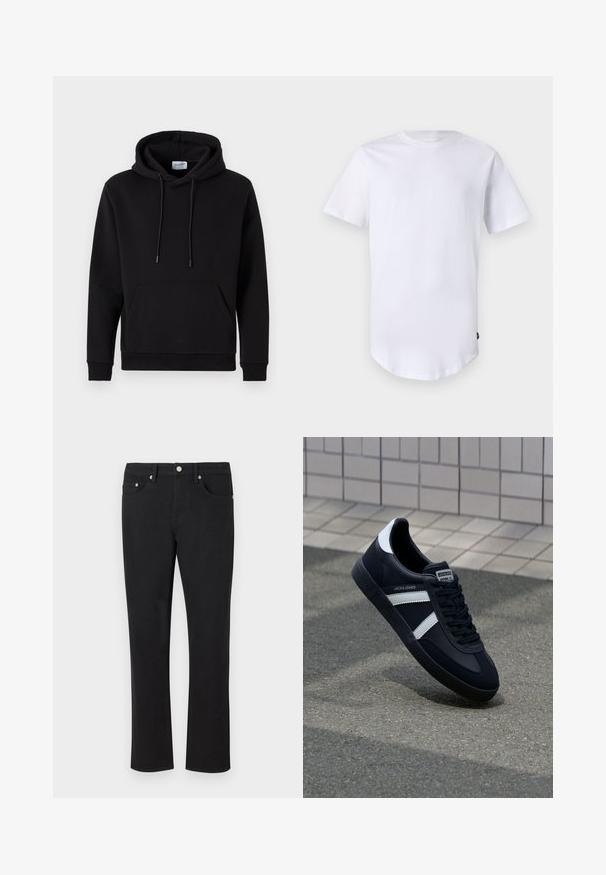 Haut à capuche noir en tissu riche en coton, avec une poche avant, un capuche à cordon de serrage et des poignets côtelés. Design simple et décontracté.; T-shirt blanc à manches courtes en coton. Design à col rond avec un ourlet arrondi. Étiquette visible sur le côté inférieur gauche. Texture lisse.; Jean en denim noir avec une coupe droite, comportant cinq poches et des accessoires en métal argenté, avec une texture lisse. Sans motifs ni accents.; Sneaker en cuir noir avec des rayures blanches, semelle en caoutchouc texturée et devant à lacets. Présente une étiquette de marque sur la languette.
