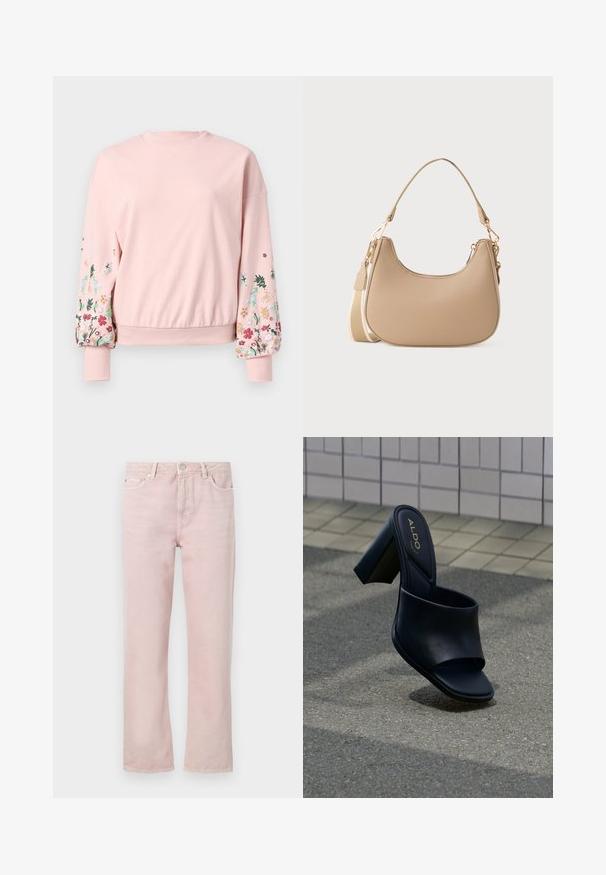 Roze sweatshirt met een ronde hals, oversized mouwen en bloemenborduursel in verschillende kleuren op de mouwen. Ribgebreide boorden en zoom.; Lichtroze denim jeans met een recht model, vijf zakken en een ritsopening. Bevat stiksel details en accenten in zilverkleurig metaal.; Zwarte hoge hak slidesandaal met een brede band, vierkante neus en ALDO-logo op de gevoerde binnenzool, tegen een achtergrond van een gestructureerde bestrating.; Kleine beige schoudertas met een gebogen bovenkant, afneembare lange strap en vergulde sluitingen tegen een effen witte achtergrond.