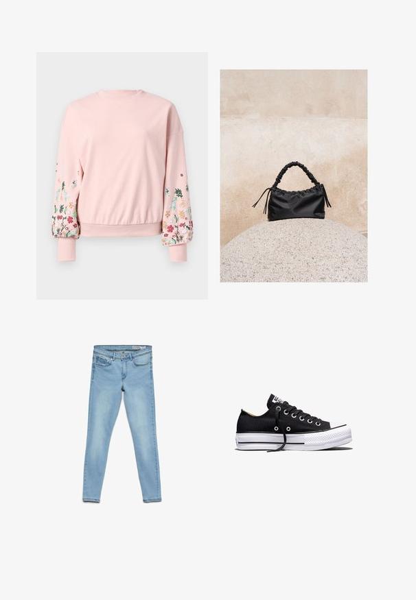 Roze sweatshirt met een ronde hals, oversized mouwen en bloemenborduursel in verschillende kleuren op de mouwen. Ribgebreide boorden en zoom.; Lichtblauwe slim-fit spijkerbroek met vijf zakken, knoop- en ritssluiting, plat neergelegd op een witte achtergrond.; Zwarte lage canvas sneaker met witte rubberen plateauzool, zwarte veters en metalen oogjes op een witte achtergrond.; Zwarte gerimpelde handtas met een samengevoegde handvat, rustend op een gestructureerde stenen bol tegen een beige betonnen muur.
