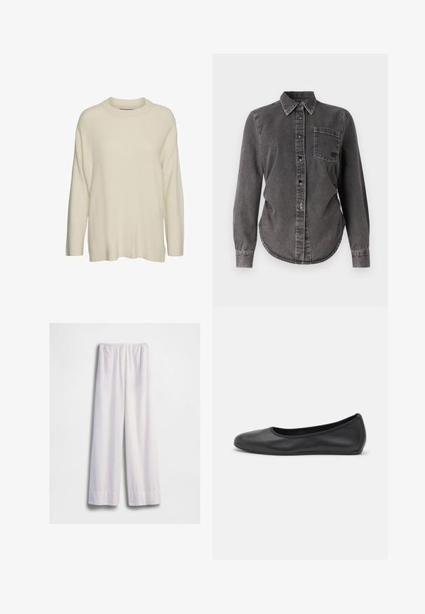 Pull en maille couleur crème avec un col haut, des manches longues et une coupe décontractée et ample. Le tissu semble texturé et doux.; Chemise en denim gris foncé à manches longues, fermeture à boutons, col pointu, poche poitrine unique et ourlet arrondi. Surface texturée avec coutures visibles.; Pantalon blanc ample avec taille élastique et jambes larges et droites, présenté sur un fond blanc uni.; Ballerines en cuir noir avec un bout rond, texture lisse, détails de couture minimalistes et design de semelle flexible.