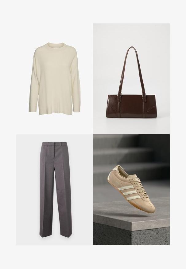 Suéter de punto color crema con un cuello alto, mangas largas y un corte relajado y cuadrado. La tela parece texturizada y suave.; Pantalones grises a medida hechos de tela texturizada, con un diseño de pierna recta, frente plano y trabillas para el cinturón.; Zapatilla deportiva beige claro con tres franjas horizontales blancas, parte superior de ante y suela de goma color chicle, con un logotipo en el lateral.; Bolso de mano de piel sintética marrón con forma rectangular, dos asas largas y sutiles acentos curvados en la parte delantera.