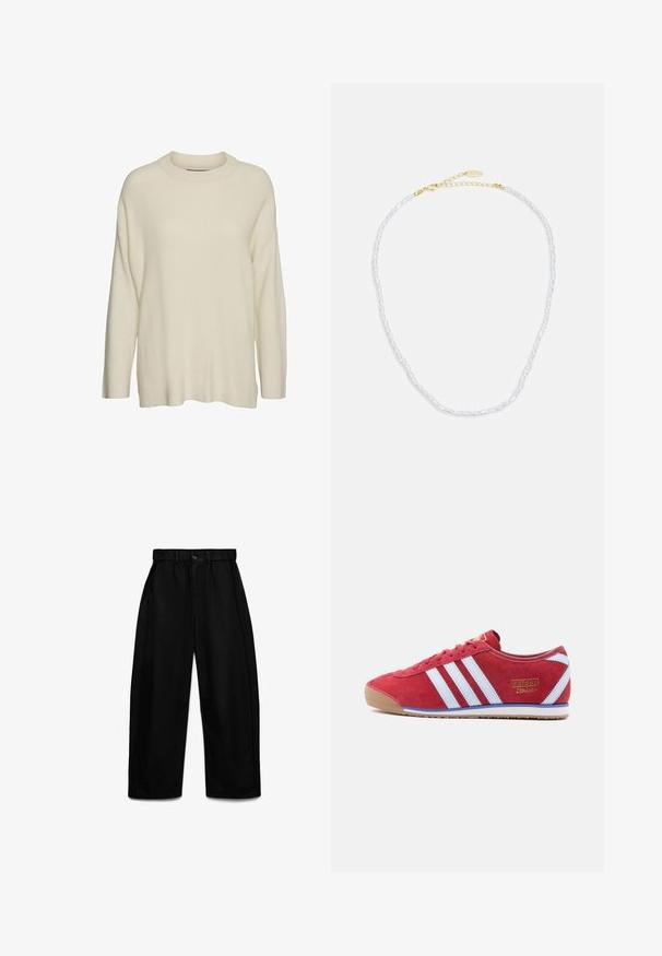 Cremefarvet strikket sweater med høj hals, lange ærmer og en afslappet, boxy pasform. Stoffet ser tekstureret og blødt ud.; Sorte bukser med brede ben, elastisk taljebånd, knap- og lynlås lukning samt sidelommer, vist mod en hvid baggrund.; Rød ruskindssneaker med hvide læderstriber, beige gummisål og tynde snørebånd. Har gyldent "adidas Italia"-mærke på siden.; Perlekæde med et fint design, der har små hvide perler og en guld kæde forlængelse med en lås til justerbar længde.