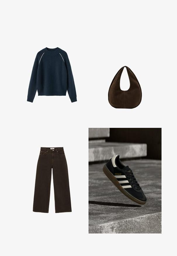 Pull en maille bleu marine à manches longues, col rond côtelé, poignets, ourlet, avec une fine bordure blanche le long des coutures d'épaule.; Jean en denim marron foncé à jambes larges, avec bouton et fermeture éclair à l'avant, poches avant avec rivets, et passants pour ceinture, posé à plat sur un fond blanc.; Baskets Adidas noires avec des bandes blanches et une semelle en gomme flottant au-dessus d'escaliers en béton gris sous une lumière naturelle.; Sac à main en daim marron foncé en forme de croissant avec une seule sangle large et une texture lisse sur fond blanc.