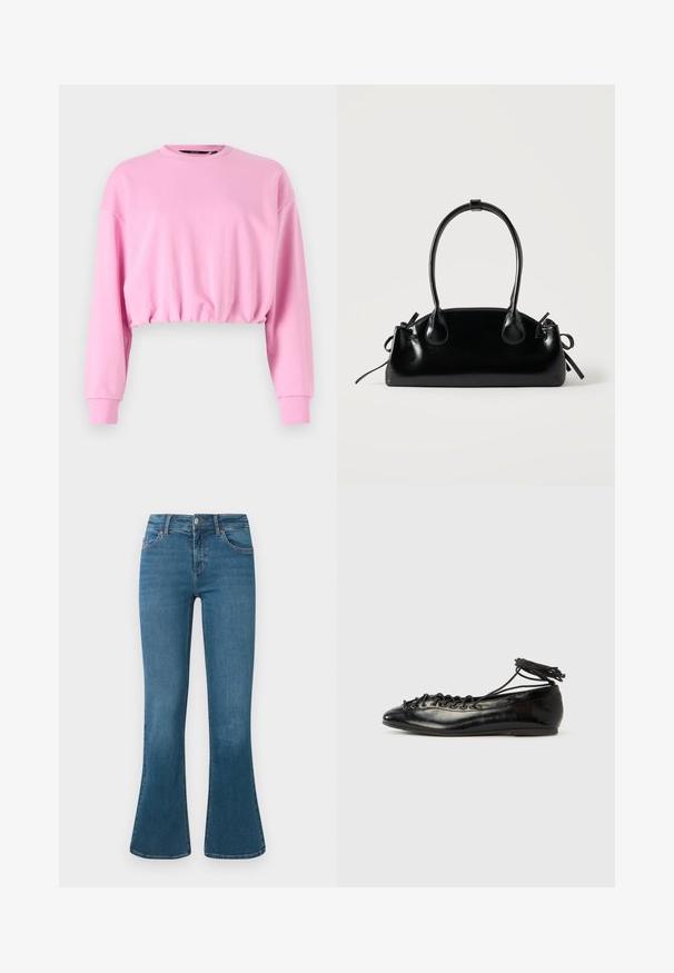 Roze cropped sweatshirt met lange mouwen, ronde hals en elastische zoom. Zachte textuur, casual ontwerp dat geschikt is voor laagjesoutfits.; Blauwe denim flared jeans met een middelhoge tailleband, vijf zakken en subtiele stikseldetails. Glad textuur met een klassieke wassing.; Zwarte ballerina's van lakleer met een afgeronde neus, veterdesign en een platte zool. Glad oppervlak met minimale details.; Kleine zwarte glanzende handtas met twee lange hengsels en zijkant trekkoord details op een effen lichte achtergrond.