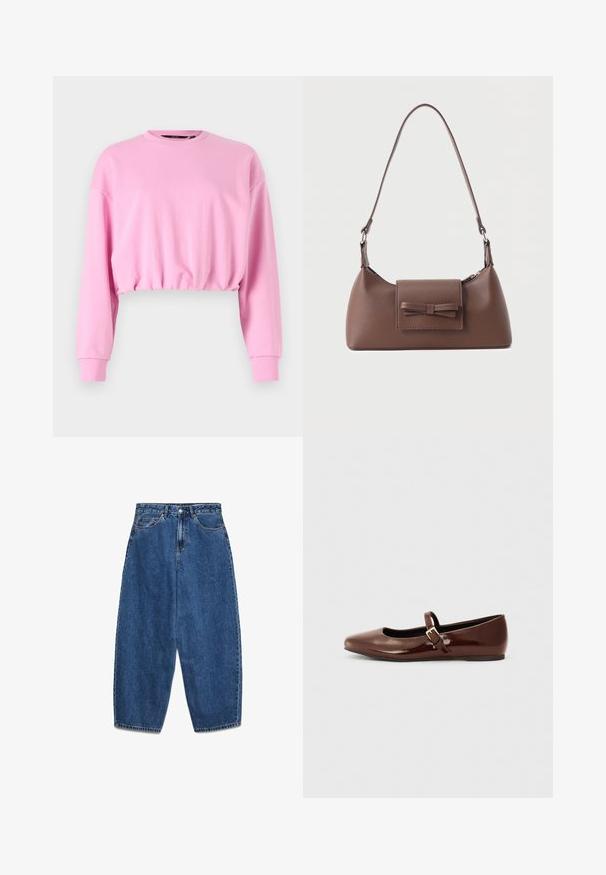 Roze cropped sweatshirt met lange mouwen, ronde hals en elastische zoom. Zachte textuur, casual ontwerp dat geschikt is voor laagjesoutfits.; Blauwe denim jeans met een hoge taille, een ontspannen pasvorm en rechte pijpen. Klassiek ontwerp met vijf zakken en een ritssluiting met knoop.; Bruine gepatineerde leren balletschoen met een vierkante neus en een bandje met een kleine gouden gesp. Gladde textuur, lage hak en minimalistisch ontwerp.; Bruine leren schoudertas met een voorvak met klep en een gestikte strikdetail en een verstelbare band.