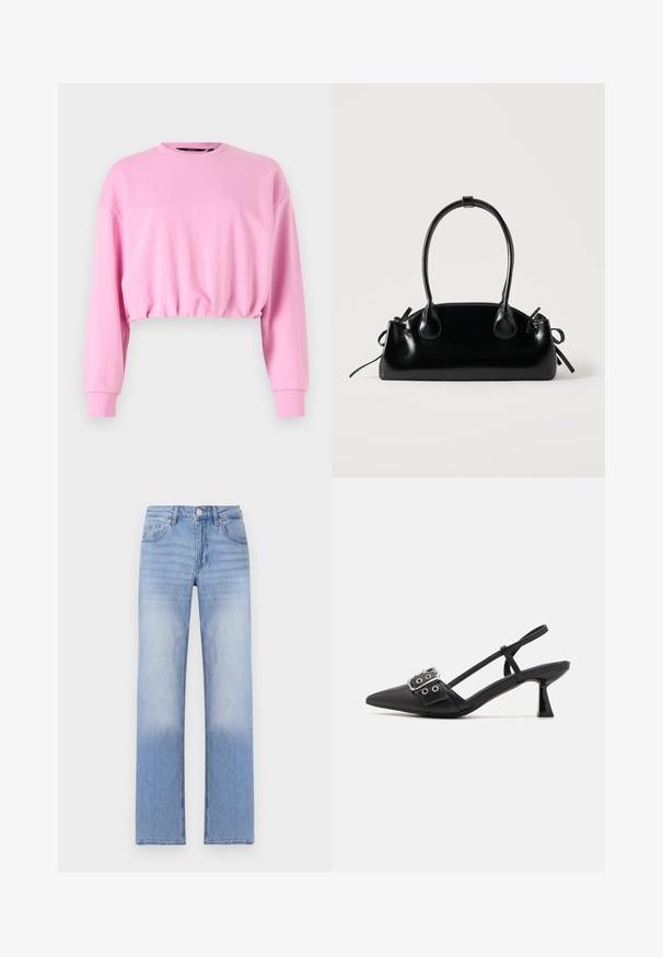 Roze cropped sweatshirt met lange mouwen, ronde hals en elastische zoom. Zachte textuur, casual ontwerp dat geschikt is voor laagjesoutfits.; Lichtblauwe denim jeans met een rechte pijpdesign, kenmerkend door een vervaagde was aan de onderste helft en klassieke vijf-pocketstyling.; Simmi London DALA - Klassieke pumps - black; Kleine zwarte glanzende handtas met twee lange hengsels en zijkant trekkoord details op een effen lichte achtergrond.