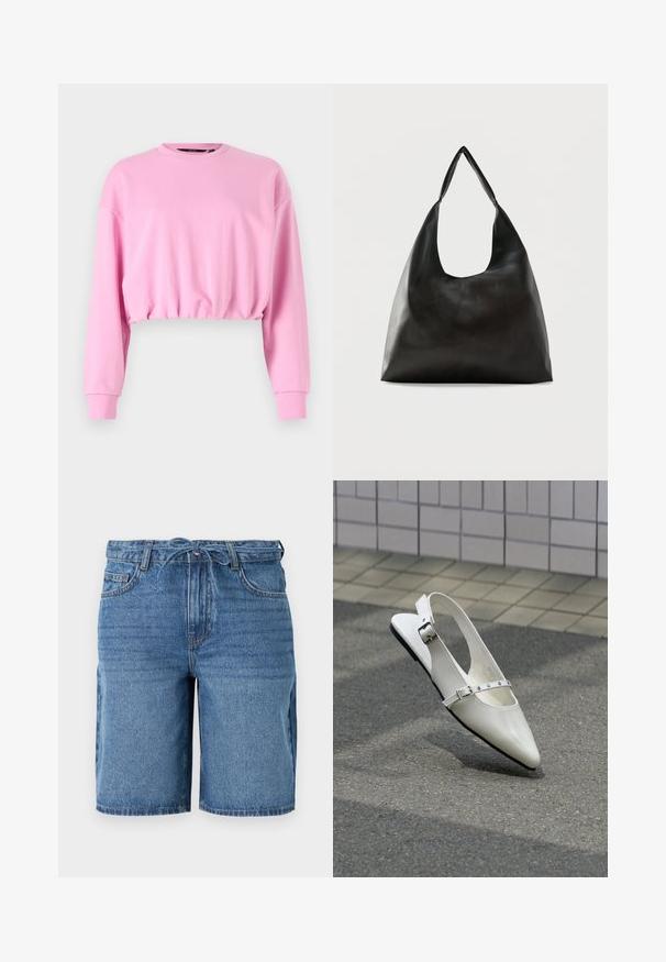 Sudadera corta rosa con mangas largas, cuello redondo y dobladillo elástico. Textura suave, diseño casual adecuado para conjuntos en capas.; Pantalones cortos de mezclilla azul hasta la rodilla, con bolsillos delanteros, trabillas para cinturón y un cinturón de tela atado en la cintura.; Zapato plano blanco con punta puntiaguda y diseño slingback con dos hebillas plateadas, mostrado al aire libre sobre un suelo texturizado y fondo de pared con azulejos.; Bolso de hombro de cuero negro liso con una correa ancha y única y un diseño desenfadado y minimalista sobre un fondo sencillo.