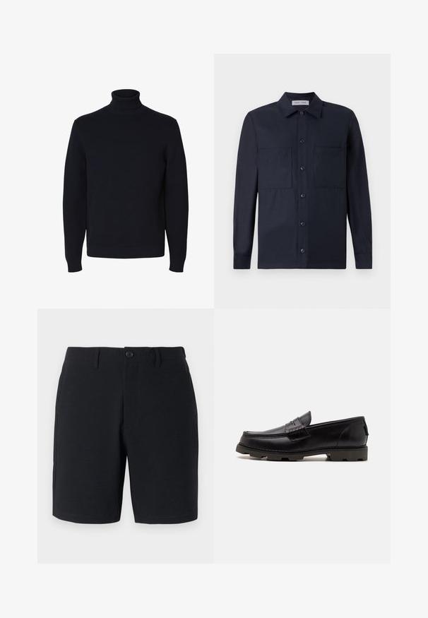Jersey negro de punto con cuello vuelto y mangas largas, con puños y dobladillo acanalados, mostrado sobre un fondo blanco.; Samsøe Samsøe TAKA JO OVERSHIRT - Camisa - dark blue; Pantalones cortos negros con un tejido texturizado, cierre de botón, presillas para cinturón y bolsillos laterales; corte ajustado con dobladillos limpios y cosidos.; Mocasines de cuero negro con punta redondeada, costuras decorativas y una suela texturizada para mayor tracción. Tacón ligeramente elevado.