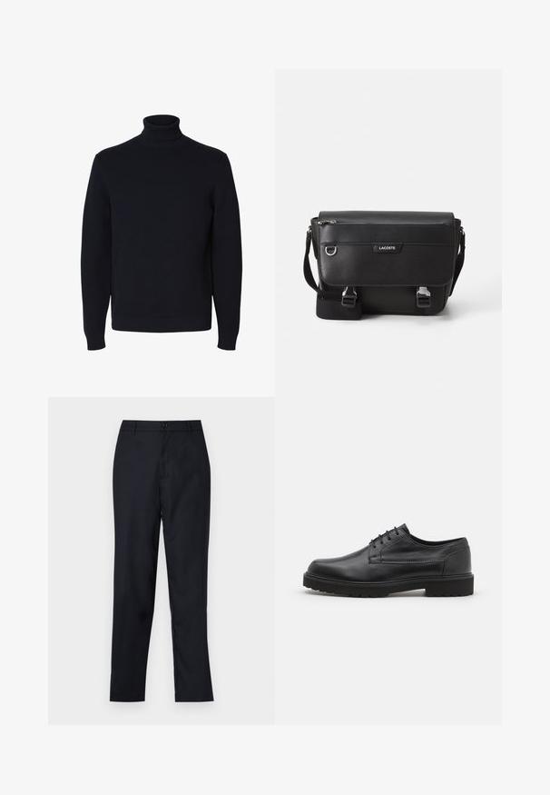 Pull noir en maille à col roulé et manches longues avec poignets et ourlet côtelés, présenté sur fond blanc.; Pantalon bleu marin en tissu lisse, avec un design à jambe droite, une fermeture à bouton unique et de légères plis avant.; Chaussure en cuir noir avec un bout arrondi, finition lisse et coutures minimales. Dispose d'un système de laçage et d'une semelle en caoutchouc épaisse et texturée.; Sac messager Lacoste noir texturé avec bandoulière ajustable, rabat avant, poche zippée et fermetures à boucle en métal.