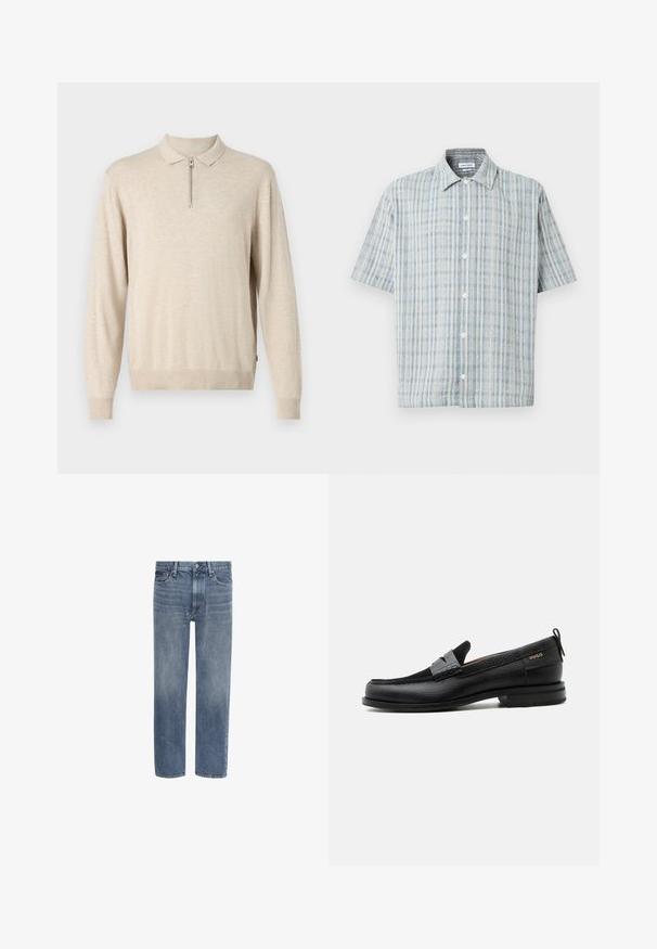 Pull-over beige à manches longues avec un col et une fermeture éclair. Fabriqué en matériau doux avec des poignets et un ourlet côtelés.; Chemise à manches courtes à boutons avec un motif à carreaux bleu et blanc, col évasé et boutons blancs sur le devant.; Jean en denim bleu à jambes droites, avec poches avant, passants de ceinture et fermeture par bouton.; Mocassin en cuir noir avec détail de bride grise, talon bas et semelle texturée, marqué "HUGO" en or sur le côté.