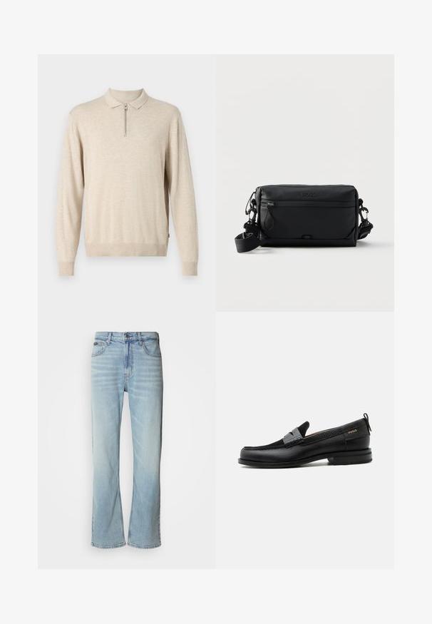 Pull-over beige à manches longues avec un col et une fermeture éclair. Fabriqué en matériau doux avec des poignets et un ourlet côtelés.; Jeans en denim bleu clair avec une coupe droite, dotés de cinq poches, d'une fermeture à bouton et d'une légère décoloration sur le tissu.; Mocassin en cuir noir avec détail de bride grise, talon bas et semelle texturée, marqué "HUGO" en or sur le côté.; Sac bandoulière rectangulaire noir avec poche avant zippée, sangle réglable et logo "BOSS" embossé en haut au centre.