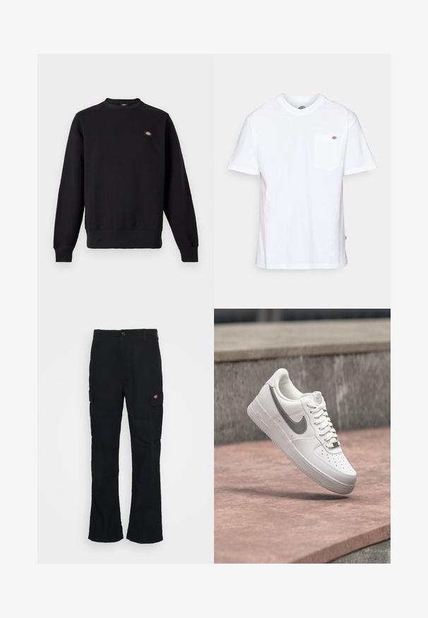 Schwarzer Sweatshirt mit Rundhalsausschnitt, langen Ärmeln, gerippten Bündchen und Saum sowie kleinem rechteckigem Logo-Patch auf der linken Brust.; Weißes Baumwoll-T-Shirt mit Rundhalsausschnitt, kurzen Ärmeln und einer Brusttasche, die auf der linken Seite ein kleines Markenlogo aufweist.; Schwarze Cargo-Hose mit geradem Bein, aus strapazierfähigem Stoff gefertigt, mit Seitentaschen und einem aufgenähten Logo auf der linken Seite.; Weißer Nike Air Force 1 Sneaker mit grauem Swoosh-Logo, der über einer Steinoberfläche und einem grauen Steinwandhintergrund schwebt.