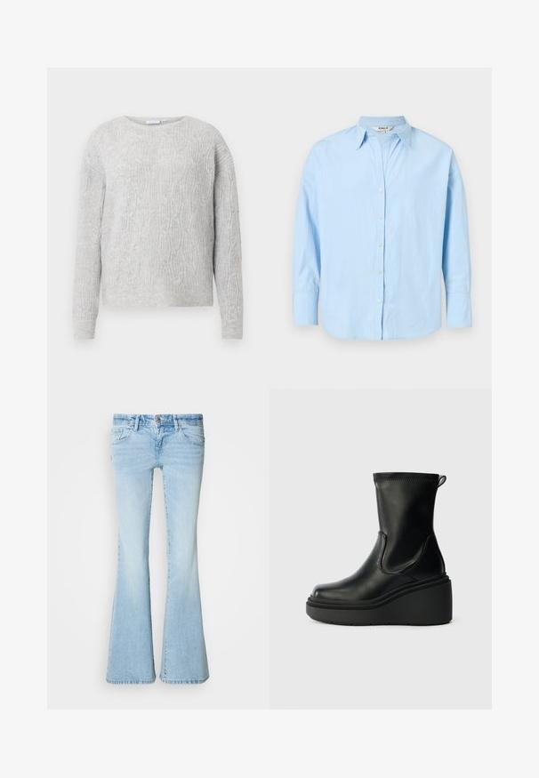 Lys grå sweater med kabelstrik mønster, rund halsudskæring og lange ærmer. Fremstillet af et blødt, tekstureret materiale.; Lyseblå langærmet skjorte med knapper og spids krave og manchetter, vist fladt med fastgjorte knapper undtagen den øverste, som er åben.; Lyseblå bootcut-jeans lavet af denim. Indeholder fem lommer, knaplukning og en falmet vask med subtile krøller.; Sorte læder ankelstøvler med kilehæle, glat tekstur, afrundet tå, elastiske sider og en strop bagpå.