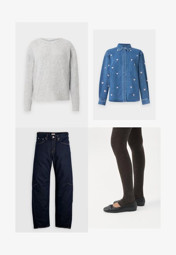 Suéter gris claro con patrón de punto trenzado, escote redondo y mangas largas. Hecho de un material suave y texturizado.; Camisa de mezclilla azul de manga larga con cuello, cierre frontal con botones y pequeños patrones de corazones bordados en rosa dispersos por la tela.; Pantalones vaqueros de mezclilla azul oscuro con corte de pierna recta, que presentan bolsillos delanteros y traseros, y costuras amarillas contrastantes. Sin adornos visibles.; Piernas con leggings oscuros acanalados combinados con bailarinas negras que presentan pequeños detalles de lazo sobre un fondo blanco.