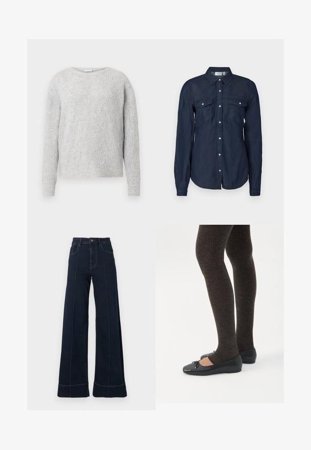 Lichtgrijze trui met een kabelbreipatroon, ronde halslijn en lange mouwen. Gemaakt van een zachte, gestructureerde stof.; Marineblauwe button-up overhemd van lichte stof, met twee voorzakken, lange mouwen en een klassieke kraag met een gebogen zoom.; Donkerblauwe, wijde jeans met een hoge taille, voorzien van voorzakken en zichtbare stiksels. Gemaakt van denimstof met een gladde textuur.; Benen met donkere geribbelde leggings gecombineerd met zwarte ballerina's met kleine strikdetails op een witte achtergrond.