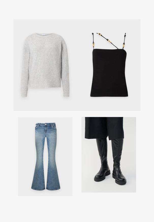Lys grå sweater med kabelstrik mønster, rund halsudskæring og lange ærmer. Fremstillet af et blødt, tekstureret materiale.; Sort ærmeløs top med tynde stropper dekoreret med skiftevis sorte og beige perler på en ensfarvet baggrund.; Lyseblå falmede denimjeans med høj talje og vide, flagrende ben, med forlommer og knaplukning.; Sorte læder knæhøje støvler med en glat tekstur, kraftige såler og side-lynlåse. Designet har diskrete sømdetaljer.