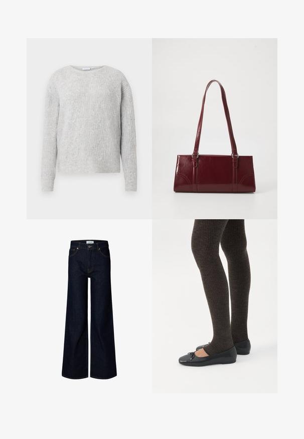 Lys grå sweater med kabelstrik mønster, rund halsudskæring og lange ærmer. Fremstillet af et blødt, tekstureret materiale.; Mørkeblå bredbenede denimjeans med frontknap og lynlås, bæltestropper og frontlommer, vist på en hvid baggrund.; Ben iført mørke ribbede leggings kombineret med sorte balletsko med små sløjfedetaljer på hvid baggrund.; Bordeaux håndtaske lavet af glansfuldt materiale, rektangulær form, med to skulderremme og subtile buede detaljer på forsiden.