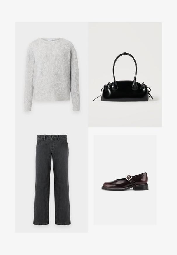 Pull gris clair avec un motif en maille torsadée, col rond et manches longues. Fabriqué à partir d'un matériau doux et texturé.; Jeans gris foncé à jambes larges en denim, avec une ceinture standard, cinq poches et une fermeture à bouton. Texture lisse et coutures uniformes.; Chaussure Mary Jane unique brillante couleur bordeaux foncé avec une large bride et une boucle argentée, talon bloc bas et bout arrondi sur fond blanc.; Petit sac à main noir brillant avec deux longues anses et des détails à cordon sur les côtés sur un fond clair uni.