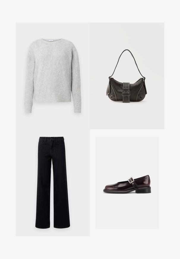 Lys grå sweater med kabelstrik mønster, rund halsudskæring og lange ærmer. Fremstillet af et blødt, tekstureret materiale.; Bredde ben sorte denim jeans med høj talje, der har standardlommer og knaplukning. Glat tekstur med en let stræk.; En enkelt blank mørk burgunder Mary Jane sko med bred rem og sølvspænde, lav blokhæle og rundet tå på hvid baggrund.; Sort læder skuldertaske med spænde på remmen, afrundede kanter og kontrasterende hvide syninger på en ensfarvet baggrund.