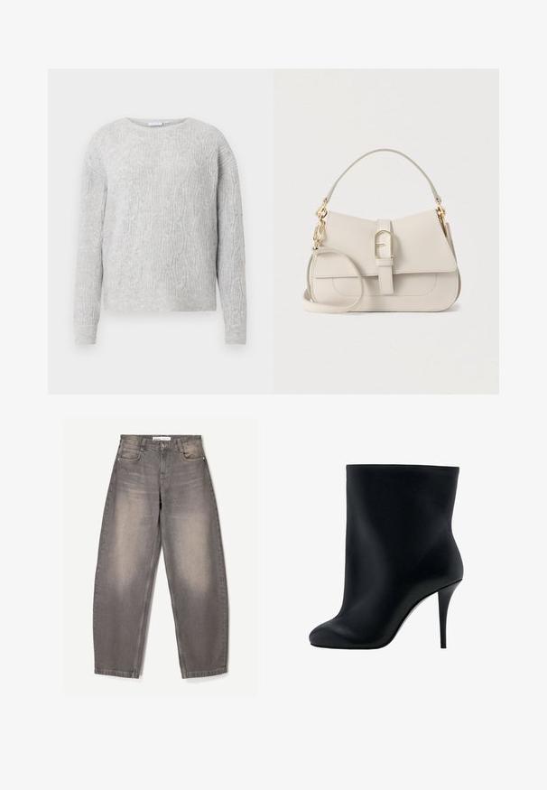 Lys grå sweater med kabelstrik mønster, rund halsudskæring og lange ærmer. Fremstillet af et blødt, tekstureret materiale.; Bredde ben grå jeans lavet af denim, med subtil falmning, fem-lomme design, bæltestropper og en knaplukning i taljen.; Sort ankelstøvle lavet af glat syntetisk materiale med et tætsiddende design, rundet tå og en høj stiletthæl for ekstra højde.; Beige læderhåndtaske med struktureret design, tophåndtag, aftagelig skulderrem, guldfarvet beslag og detalje med frontlås.