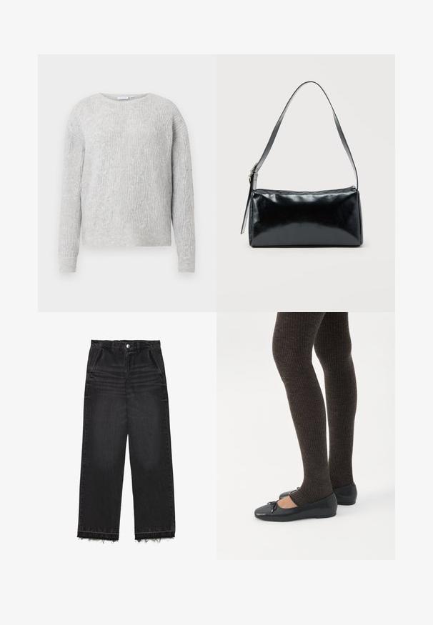 Lys grå sweater med kabelstrik mønster, rund halsudskæring og lange ærmer. Fremstillet af et blødt, tekstureret materiale.; Sorte denimbukser med lige ben. Har høj talje, rå kant og en diskret falmet struktur. Foran er der lommer.; Ben iført mørke ribbede leggings kombineret med sorte balletsko med små sløjfedetaljer på hvid baggrund.; Sort rektangulær skuldertaske med en enkelt justerbar rem og lynlås i toppen på en ensfarvet baggrund.