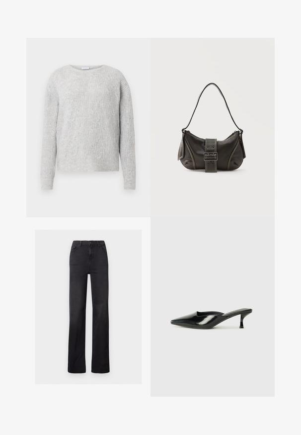 Lys grå sweater med kabelstrik mønster, rund halsudskæring og lange ærmer. Fremstillet af et blødt, tekstureret materiale.; Sorte denim straight-leg jeans med høj talje, fem-lomme design og synlig syning. Glat tekstur med en let falmet finish.; Sorte patenterede lædermules med spids tå, lav kittenheel og buede sider, der har en glansfuld finish og minimalistisk design.; Sort læder skuldertaske med spænde på remmen, afrundede kanter og kontrasterende hvide syninger på en ensfarvet baggrund.