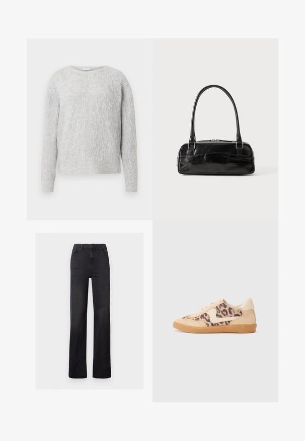 Lys grå sweater med kabelstrik mønster, rund halsudskæring og lange ærmer. Fremstillet af et blødt, tekstureret materiale.; Sorte denim straight-leg jeans med høj talje, fem-lomme design og synlig syning. Glat tekstur med en let falmet finish.; Leopardprint sneakers med beige ruskindsoverdel, tan gummisål og hvide detaljer. Rund pegefinger og snørebåndsdesign med en tekstureret finish.; Sort læderhåndtaske med rektangulær form, der har et enkelt struktureret håndtag, sølvhardware og lynlås-lukning. Glat tekstur.