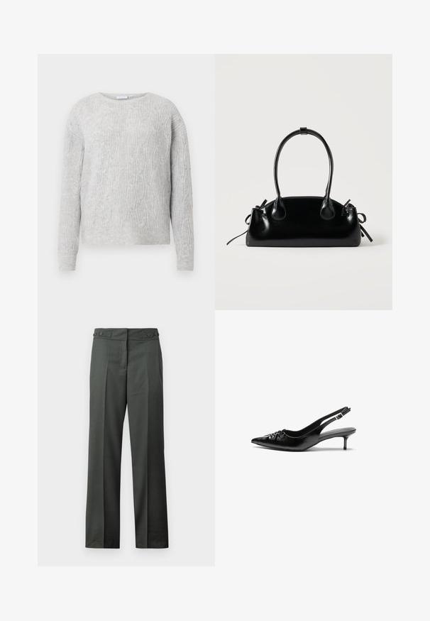 Lys grå sweater med kabelstrik mønster, rund halsudskæring og lange ærmer. Fremstillet af et blødt, tekstureret materiale.; Mørkegrå bukser med lige ben, frontfolder og justerbar sidespænde ved taljen mod en hvid baggrund.; Sorte læder slingback-pumps med spids tå, lav kitten-hæl og rynket detalje på overdelen. Glat tekstur og minimalistisk design.; Lille sort blank håndtaske med to lange håndtag og snøre-detaljer i siden på en ensfarvet lys baggrund.