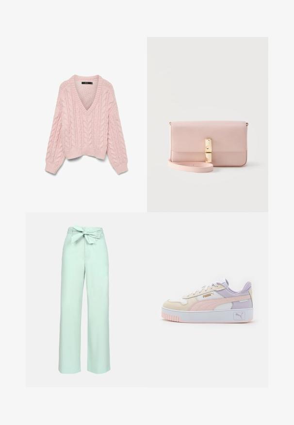 Vero Moda Knitted VMDREAM Knitted - Pullover - rose shadow; Pantalons larges vert menthe clair en tissu doux et texturé. Dotés d'une taille haute avec un détail de nœud noué.; Baskets pour hommes en crème, rose et lavande, en cuir synthétique, avec des lacets blancs, une épaisse semelle blanche et des accents de logo doré.; Pochette rectangulaire en cuir rose clair avec rabat pliant, fermeture à clip dorée et bracelet détachable sur un fond gris.