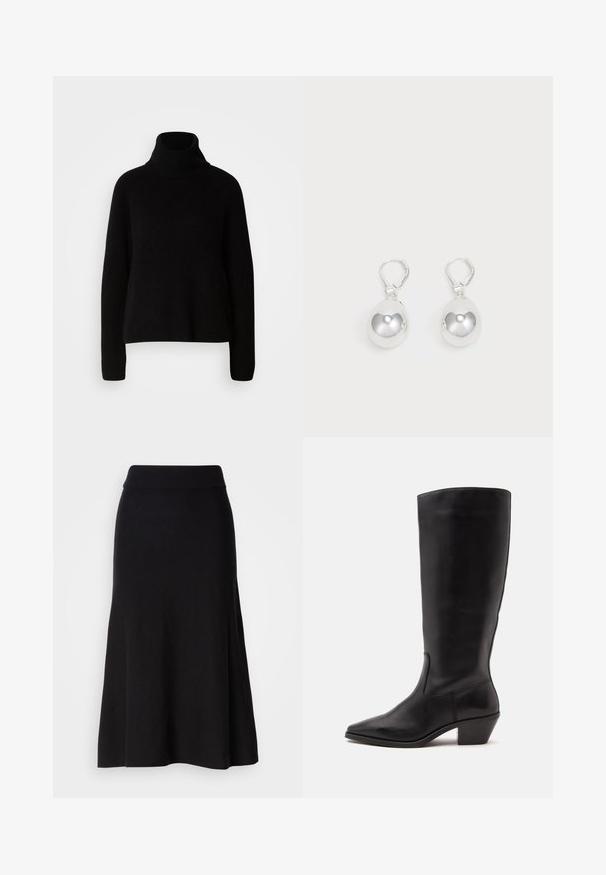 Sort sweater med høj hals lavet af ribbet materiale; har lange ærmer og en afslappet pasform, som fremhæver et simpelt og klassisk design.; Sort strikfløjet nederdel med bred talje, midi-længde, glat tekstur og ingen synlige mønstre eller hardware detaljer.; Sort læderstøvle til midtkalv med spids tå og lavt skråt hæl på en enkel lys baggrund.; Sølv dråbeøreringe med glatte, runde, reflekterende overflader hængende fra svingelukkede låse. Baggrunden er helt hvid.