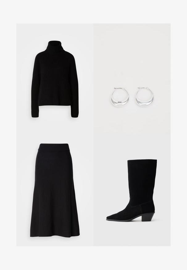Pull à col roulé noir en matière côtelée ; doté de manches longues et d'une coupe décontractée, mettant en avant un design simple et classique.; Jupe évasée en tricot noir avec une large taille, longueur midi, texture lisse et sans motifs ni détails métalliques visibles.; Bottine en daim noir avec un bout pointu, tige de hauteur moyenne et un talon épais. Présente des coutures minimales et une texture lisse.; Boucles d'oreilles en argent avec une finition polie et un branding DKNY, présentées sur un fond blanc uni.