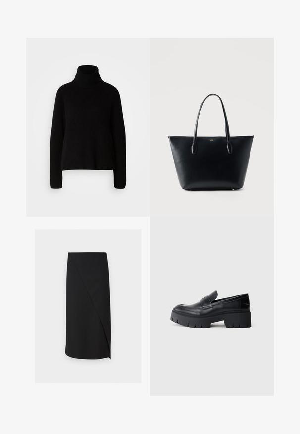 Sort sweater med høj hals lavet af ribbet materiale; har lange ærmer og en afslappet pasform, som fremhæver et simpelt og klassisk design.; Sort knælang pencilskørt med asymmetrisk overlap foran på en hvid baggrund.; Sort klodset platform loafers med glat læderoverdel, dekorativ rem og tyk struktureret sål på hvid baggrund.; Sort lædertaske med to skulderstropper og guld "BOSS" logo centreret nær toppen.