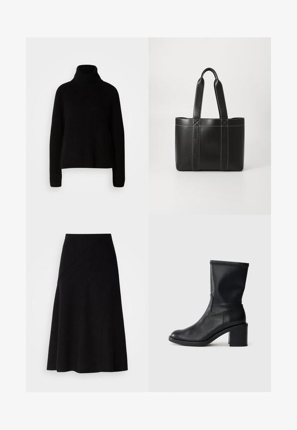 Sort sweater med høj hals lavet af ribbet materiale; har lange ærmer og en afslappet pasform, som fremhæver et simpelt og klassisk design.; Sort uld A-line nederdel med mellem høj talje, der har diagonale sømdetaljer og en glat tekstur, der falder lige under knæet.; Sort læder ankelstøvle med rund tå, glat tekstur og en grov hæl, der har et tætsiddende skaft og subtil syning.; Sort læder tote taske med to hanke, med kontrasterende hvid syning og præget "HUGO" branding på de lodrette stropper.