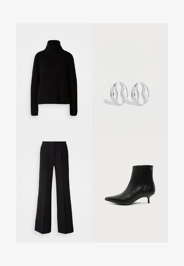 Sort sweater med høj hals lavet af ribbet materiale; har lange ærmer og en afslappet pasform, som fremhæver et simpelt og klassisk design.; Sorte bukser lavet af glat stof, med høj talje, bred ben silhuet og to frontfolder for ekstra design detaljer.; Sort læder ankelstøvle med spids tå og lav kitten hæl på lys baggrund, der viser yderside.; Par af skinnende sølv hængende øreringe med et snoet, bølget design, vist på en ensfarvet lys baggrund.