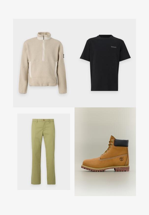 Pull en polaire beige avec un col montant, fermeture éclair sur le devant sur un quart, et deux poches avant. Tissu texturé avec des accents beiges contrastants.; T-shirt en coton noir à manches courtes, col rond, avec un petit logo Timberland près de la poitrine. Texture lisse, coupe standard.; Pantalon droit vert clair avec fermeture à bouton et glissière, passants pour ceinture et sans poches visibles, présenté de face sur fond blanc.; Bottine en cuir marron avec col noir, lacets jaunes et semelle beige. Présente un logo et des détails de couture blanche. Semelle extérieure à traction robuste.