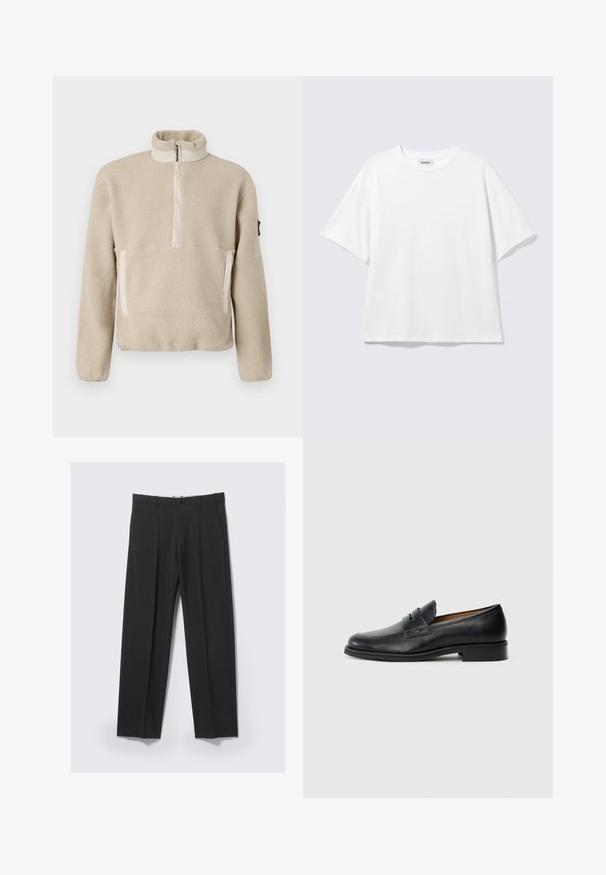 Pull en polaire beige avec un col montant, fermeture éclair sur le devant sur un quart, et deux poches avant. Tissu texturé avec des accents beiges contrastants.; T-shirt blanc oversize à manches courtes, col rond, épaules tombantes, posé à plat sur fond gris clair.; Pantalon noir ajusté avec plis avant, poches latérales, passants de ceinture et fermeture par bouton à la taille sur un fond clair.; Mocassins en cuir noir avec un bout arrondi, présentant un détail de sangle à l'avant et un petit talon solide. Texture lisse et design épuré.