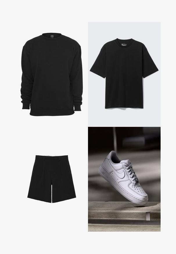 Schwarzer Sweatshirt mit Rundhalsausschnitt und langen Ärmeln, aus Baumwollmischgewebe. Verfügt über gerippte Bündchen und Saum, eine weiche Textur und eine lockere Passform.; Schwarzes Baumwoll-T-Shirt mit kurzem Arm und lockerem Schnitt, Rundhalsausschnitt, vor einem schlichten hellen Hintergrund gezeigt.; Schwarze, maßgeschneiderte Shorts mit Gürtelschlaufen, vorderen Falten und Seitentaschen, flach auf einem weißen Hintergrund liegend.; Weißer Nike Air Force 1 Sneaker aus Leder mit perforierter Zehenpartie, flachen Schnürsenkeln und strukturierter Gummisohle mit "AIR"-Branding an der Seite.