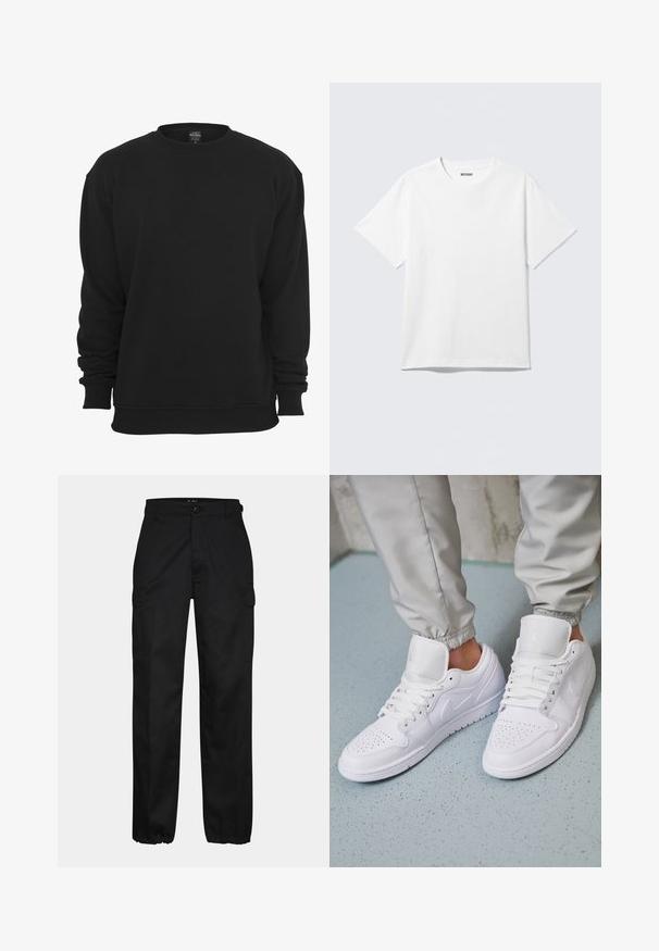 Schwarzer Sweatshirt mit Rundhalsausschnitt und langen Ärmeln, aus Baumwollmischgewebe. Verfügt über gerippte Bündchen und Saum, eine weiche Textur und eine lockere Passform.; Weißes T-Shirt mit kurzen Ärmeln und Rundhalsausschnitt, flach liegend, schlichtes Design, mit „WEEKDAY“-Etikett innen im Kragen auf hellem Hintergrund.; Schwarze Cargo-Hosen mit geradem Schnitt, ausgestattet mit Seitentaschen, einem Knopfverschluss und elastischen Bündchen an den Knöcheln. Hergestellt aus strapazierfähigem Material.; Weiße Ledersneaker mit perforierter Zehenbox, flachen Schnürsenkeln, gepolstertem Kragen und dem Jordan-Logo auf der Zunge. Getragen mit grauen Jogginghosen.