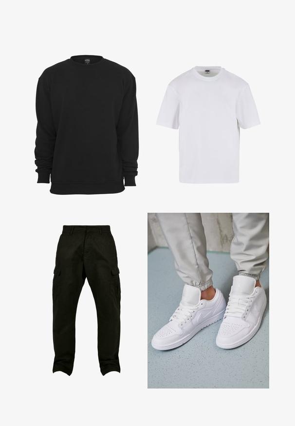 Schwarzer Sweatshirt mit Rundhalsausschnitt und langen Ärmeln, aus Baumwollmischgewebe. Verfügt über gerippte Bündchen und Saum, eine weiche Textur und eine lockere Passform.; Weißes T-Shirt mit kurzen Ärmeln aus Baumwolle. Besitzt einen Rundhalsausschnitt und eine lockere Passform. Glatte Textur, minimalistisches Design, ohne Muster oder Akzente.; Schwarze Baumwoll-Cargohosen mit entspannter Passform, seitlichen Taschen, Gürtelschlaufen und geraden Beinen. Strukturierter Stoff und verstärkte Nähte.; Weiße Ledersneaker mit perforierter Zehenbox, flachen Schnürsenkeln, gepolstertem Kragen und dem Jordan-Logo auf der Zunge. Getragen mit grauen Jogginghosen.