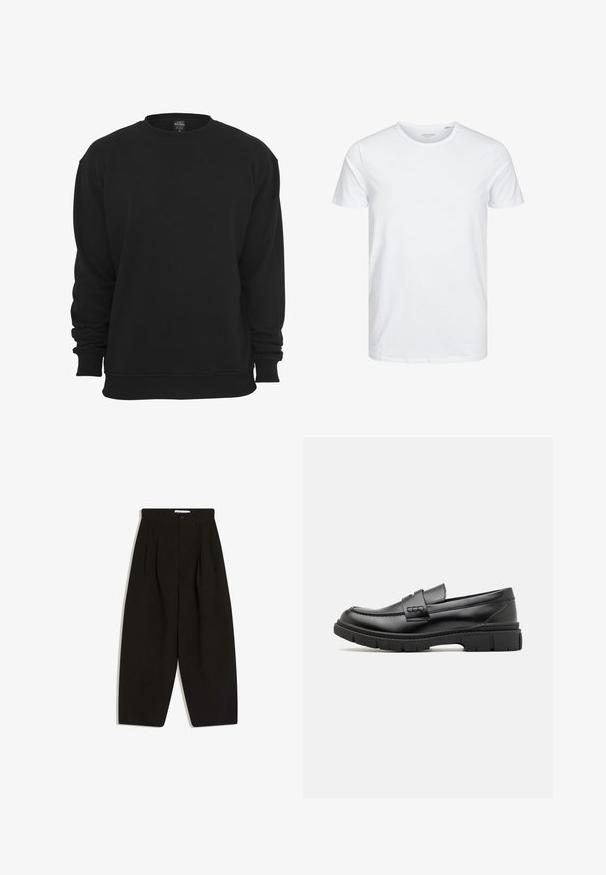 Zwarte sweater met ronde hals en lange mouwen, gemaakt van een katoenmengsel. Voorzien van geribbelde manchetten en zoom, een zachte textuur en een losse pasvorm.; Ronde hals kortemouwen t-shirt in effen wit, gemaakt van zachte katoen, heeft een eenvoudig ontwerp zonder zichtbare patronen of accenten.; Zwarte wijde broekspijpen gemaakt van zachte stof, met een geplooide voorkant, knoopsluiting en zijzakken voor extra functionaliteit.; Zwarte leren instapper met een brede band over de voet, rubberen zool met dikke noppen en een gladde textuur. Klassiek, strak ontwerp.