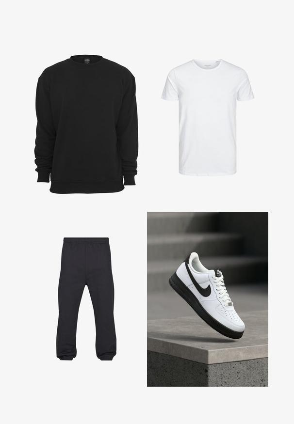 Zwarte sweater met ronde hals en lange mouwen, gemaakt van een katoenmengsel. Voorzien van geribbelde manchetten en zoom, een zachte textuur en een losse pasvorm.; Ronde hals kortemouwen t-shirt in effen wit, gemaakt van zachte katoen, heeft een eenvoudig ontwerp zonder zichtbare patronen of accenten.; Zwarte joggerbroek met elastische tailleband en elastische boorden, gemaakt van een zachte, gladde stof, vlak van voren getoond.; Witte leren sneaker met zwarte accenten, afgeronde neus en geperforeerde details. Zwarte rubberen zool met een gestructureerd patroon en vetersluiting.
