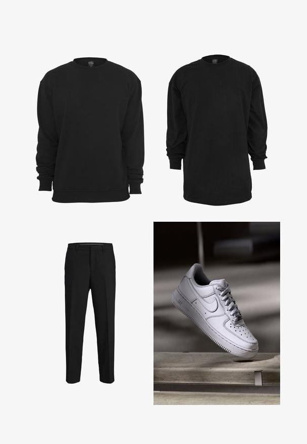 Zwarte sweater met ronde hals en lange mouwen, gemaakt van een katoenmengsel. Voorzien van geribbelde manchetten en zoom, een zachte textuur en een losse pasvorm.; Zwart T-shirt met lange mouwen, gemaakt van katoen. Kenmerkt zich door een ronde halslijn en een reguliere pasvorm. Glad oppervlak zonder zichtbare patronen of accenten.; Zwarte broeken van een gladde stof, met een rechte snit, riemlussen en een platte voorkant zonder zichtbare patronen of versieringen.; Witte Nike Air Force 1 sneaker van leer met geperforeerde neus, platte veters en een gestructureerde rubberen zool met "AIR"-logo aan de zijkant.