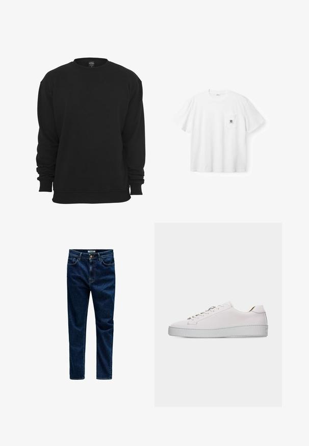 Schwarzer Sweatshirt mit Rundhalsausschnitt und langen Ärmeln, aus Baumwollmischgewebe. Verfügt über gerippte Bündchen und Saum, eine weiche Textur und eine lockere Passform.; Weißes T-Shirt mit kurzen Ärmeln und Rundhalsausschnitt, mit einer Brusttasche, die ein kleines schwarzes Logo und den Markennamen auf der Tasche trägt.; Dunkelblaue Denim-Jeans mit geradem Bein, fünf Taschen und Kupferknopfverschluss an der Taille, auf weißem Hintergrund dargestellt.; Weißer Sneaker aus Leder im Low-Top-Stil mit weißen Schnürsenkeln, flacher strukturierter Gummisohle und minimaler Naht, von der Außenseite auf weißem Hintergrund gezeigt.