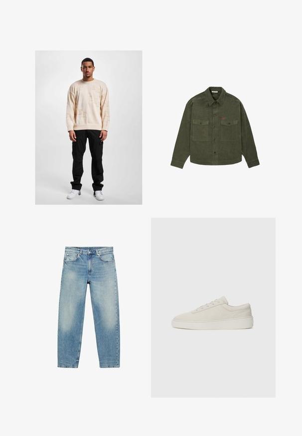 Beige striktrøje med prægede mønstre, rund halsudskæring og sænkede skuldre, parret med sorte cargo bukser og hvide sneakers.; Olivengrøn kordfløjl skjorte med knapper, lange ærmer, to frontlommer med klap og lille rødt broderet logo på venstre brystlomme.; Blå straight-leg denim jeans med forlommer og bæltestropper, der viser let falmede detaljer på lår og knæ.; Beige sneakers med en glat ruskindsfinish, rund tå og flad gummisole. Har snørebåndslukning og minimalistisk design med diskret syning.