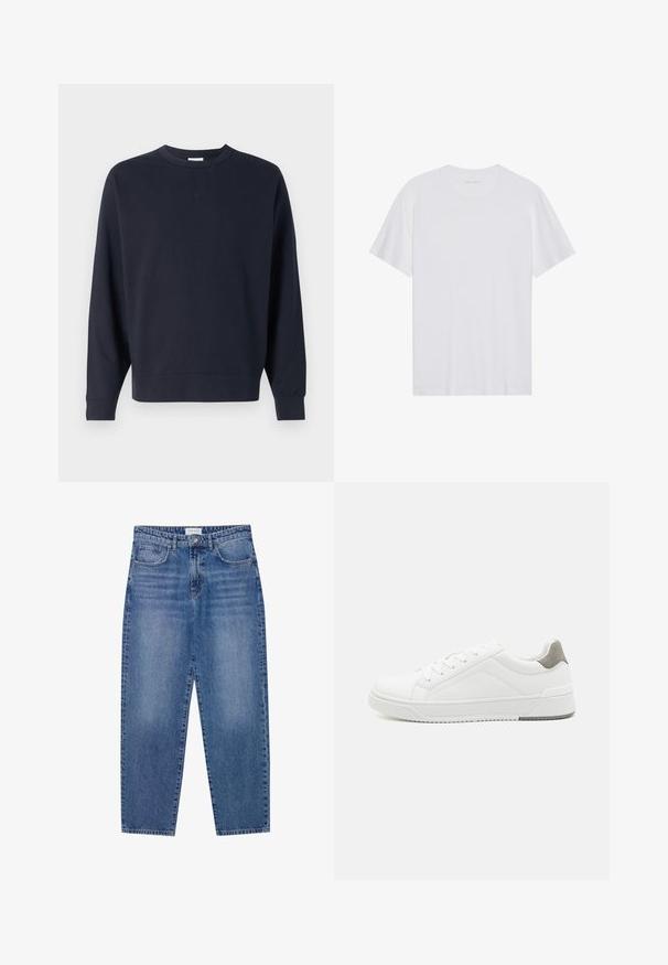 Sudadera azul marino hecha de algodón, con cuello redondo, mangas largas, puños de canalé y un diseño sencillo sin gráficos visibles.; Camiseta de algodón blanca con mangas cortas, cuello redondo y una textura suave. Presenta una marca mínima en el escote.; Vaqueros de mezclilla azul con un diseño de cintura alta y pierna recta, en acabado desgastado. Presenta cinco bolsillos y un cierre de botón.; Zapatilla blanca con material de cuero liso, punta redonda, diseño minimalista, acento gris en el talón y suela de goma texturizada.