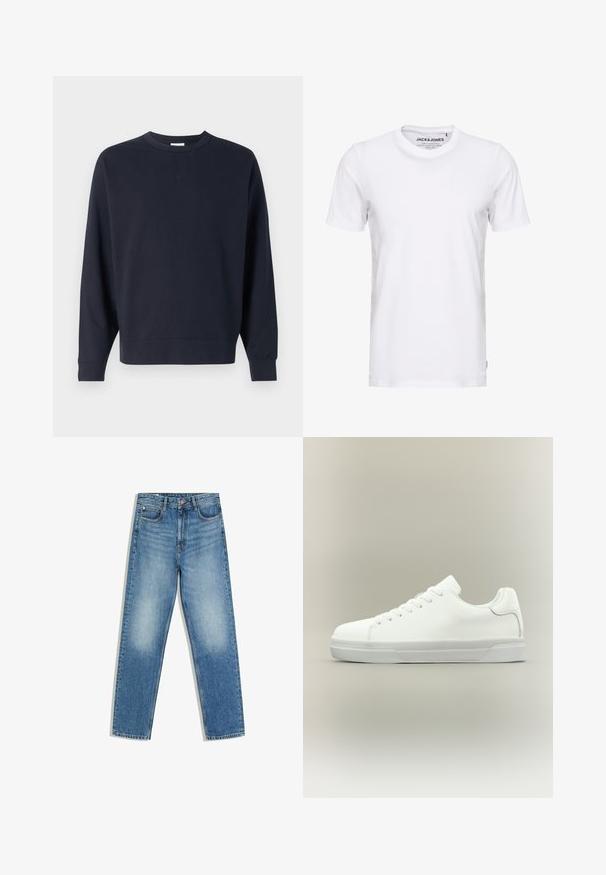 Dunkelblaues Sweatshirt aus Baumwolle mit Rundhalsausschnitt, langen Ärmeln, gerippten Bündchen und einem einfachen Design ohne sichtbare Grafiken.; Weißes T-Shirt mit kurzen Ärmeln aus Baumwolle, mit Rundhalsausschnitt und einem schlichten Design. Markentag im Nackenbereich sichtbar. Keine Muster oder Verzierungen.; Blaue Denim-Jeans mit hoher Taille, frontaler Knopfleiste und Reißverschluss, zwei Vordertaschen und ausgebleichten Stellen an den Oberschenkeln und Knien.; Weißer Sneaker in niedriger Schnittform mit Schnürung vorne, gepolstertem Kragen und strukturiertem Gummisohle, seitlich auf neutralem Hintergrund dargestellt.