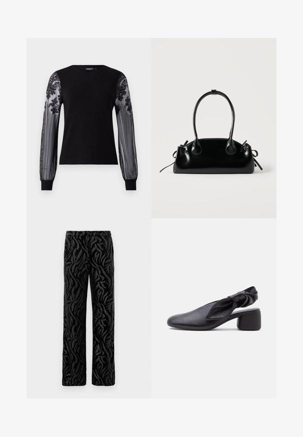 Top negro de manga larga con cuerpo de punto sólido y mangas de malla texturizada transparente que presentan bordados florales y un patrón a rayas en los puños.; Pantalones negros con un patrón texturizado y en espiral. Fabricados con un material suave, tienen un corte de pierna recta y una cinturilla elástica para mayor comodidad.; Zapato slingback de cuero negro con puntera redondeada, detalle de tira anudada y tacón bajo y grueso sobre fondo blanco.; Pequeño bolso negro brillante con dos asas largas y detalles de cordón lateral sobre un fondo claro liso.