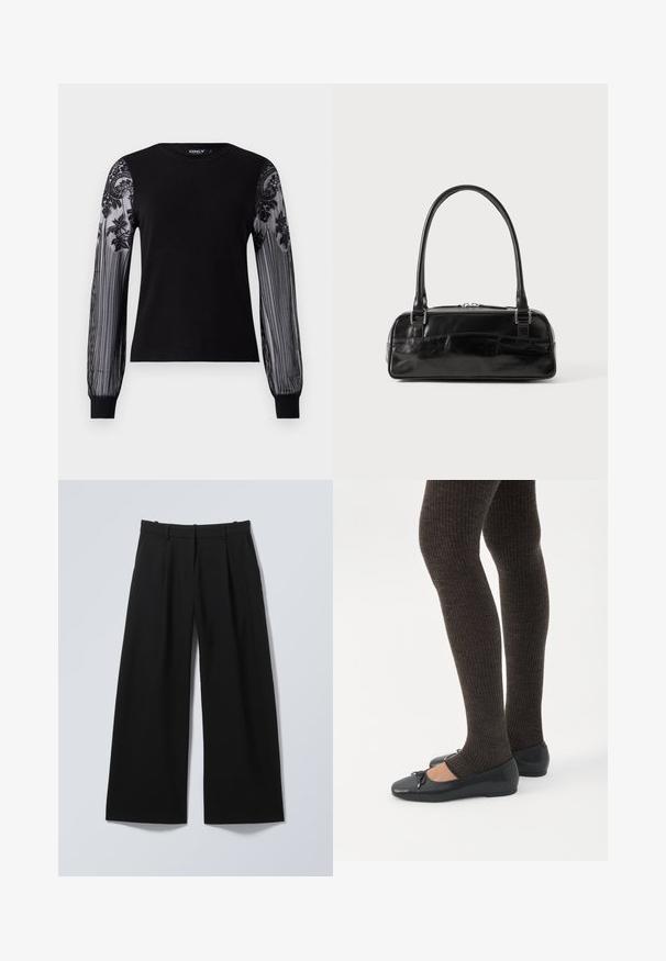 Top negro de manga larga con cuerpo de punto sólido y mangas de malla texturizada transparente que presentan bordados florales y un patrón a rayas en los puños.; Pantalones negros de pierna ancha con trabillas para cinturón, plisados frontales y bolsillos laterales, extendidos sobre un fondo claro.; Piernas con leggings oscuros acanalados combinados con bailarinas negras que presentan pequeños detalles de lazo sobre un fondo blanco.; Bolso de mano de cuero negro con forma rectangular, equipado con un asa estructurada, herrajes en plata y cierre de cremallera. Textura suave.